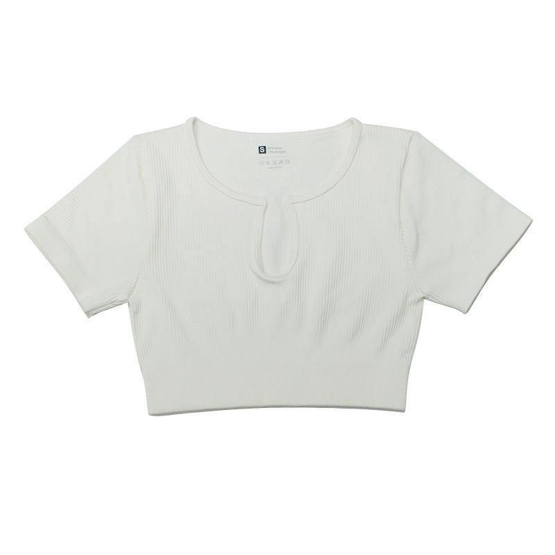 New Arrival Womens Yoga Wear Short Sleeve High Elastic Knit Seamless Gym Sports Fitness Top Custom U-shaped Breathable Sports Top