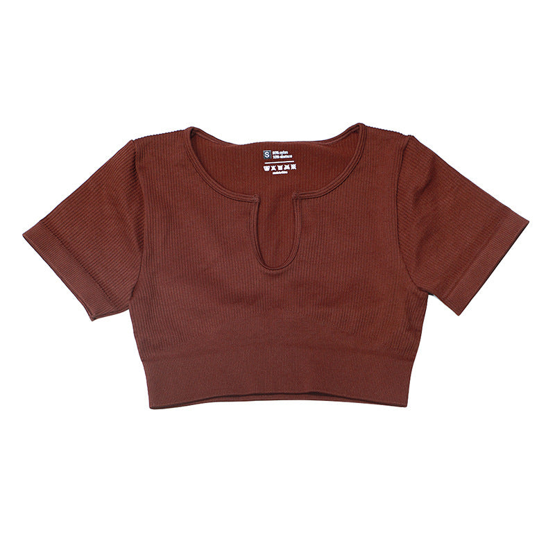 New Arrival Womens Yoga Wear Short Sleeve High Elastic Knit Seamless Gym Sports Fitness Top Custom U-shaped Breathable Sports Top