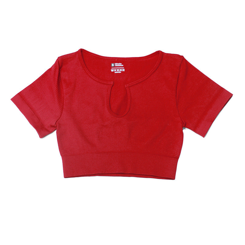 New Arrival Womens Yoga Wear Short Sleeve High Elastic Knit Seamless Gym Sports Fitness Top Custom U-shaped Breathable Sports Top