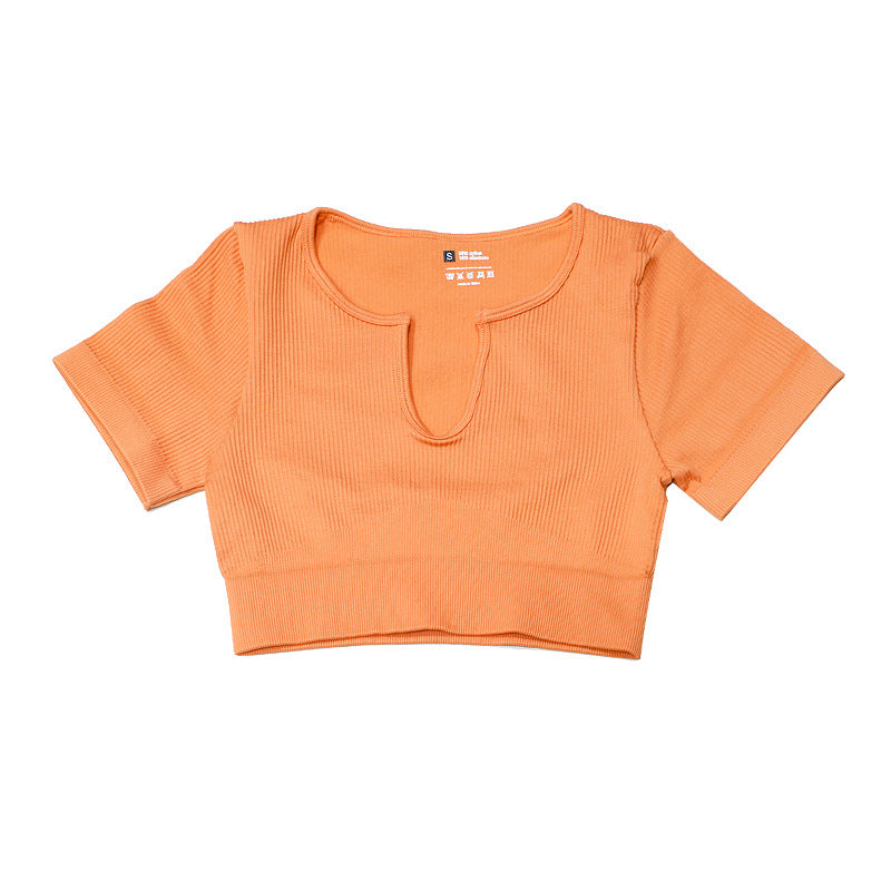 New Arrival Womens Yoga Wear Short Sleeve High Elastic Knit Seamless Gym Sports Fitness Top Custom U-shaped Breathable Sports Top