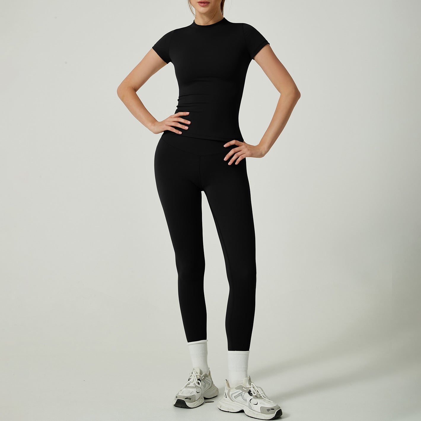 New Women Workout Suit Quick Drying Breathable Sports Short Sleeves High Waist Hip Lifting Yoga Pants Leggings Womens Gym Sets