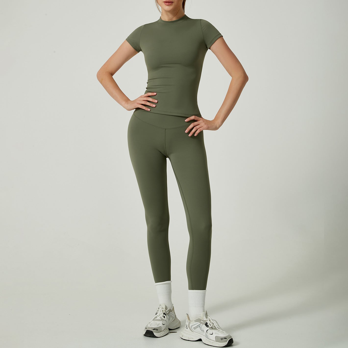 New Women Workout Suit Quick Drying Breathable Sports Short Sleeves High Waist Hip Lifting Yoga Pants Leggings Womens Gym Sets