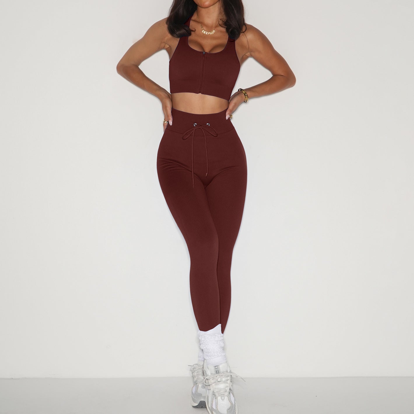 High Quality Women's Zipper Sports Fitness Top High Waist Drawstring Hip Lifting Pants Rib Quick Drying Breathable Yoga Sets