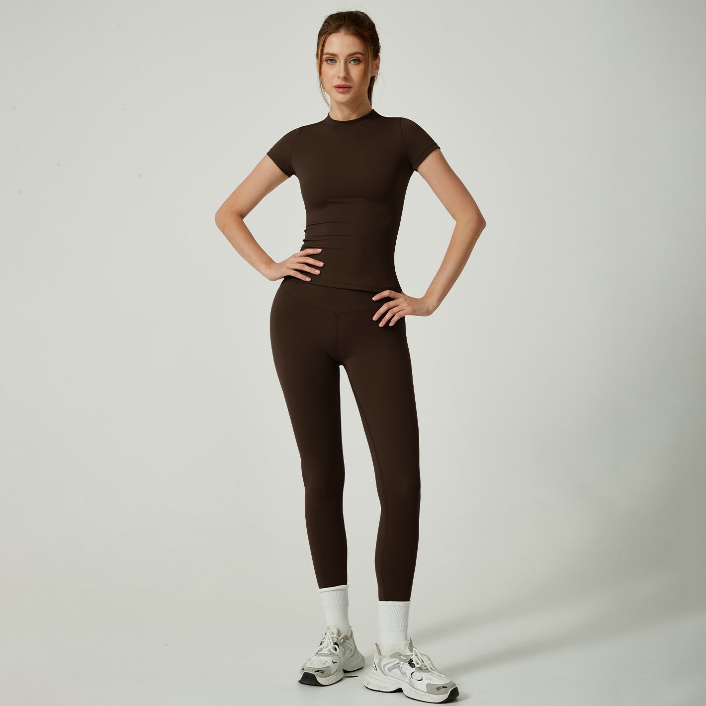 New Women Workout Suit Quick Drying Breathable Sports Short Sleeves High Waist Hip Lifting Yoga Pants Leggings Womens Gym Sets