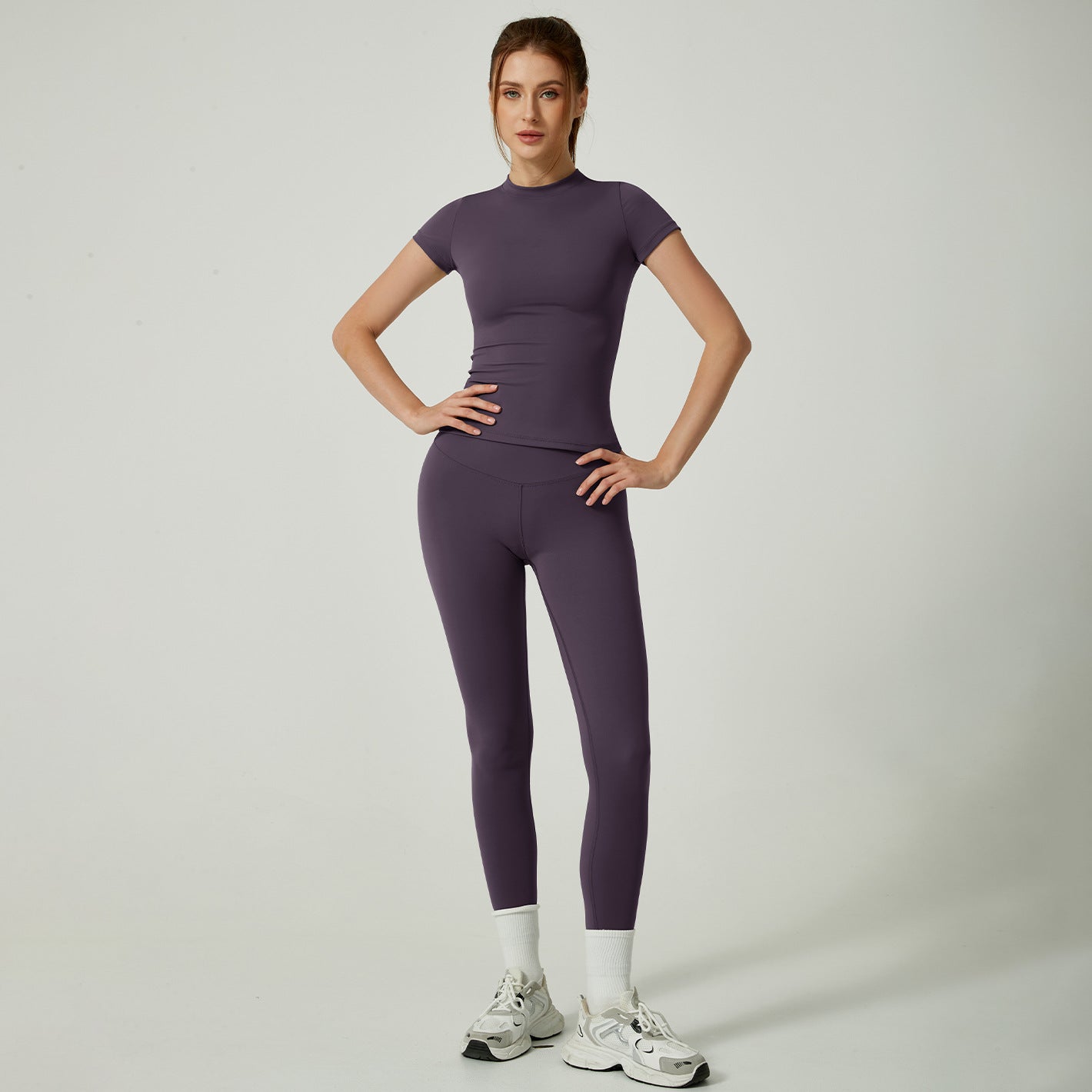 New Women Workout Suit Quick Drying Breathable Sports Short Sleeves High Waist Hip Lifting Yoga Pants Leggings Womens Gym Sets