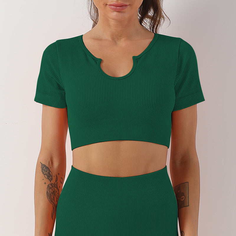 New Arrival Womens Yoga Wear Short Sleeve High Elastic Knit Seamless Gym Sports Fitness Top Custom U-shaped Breathable Sports Top