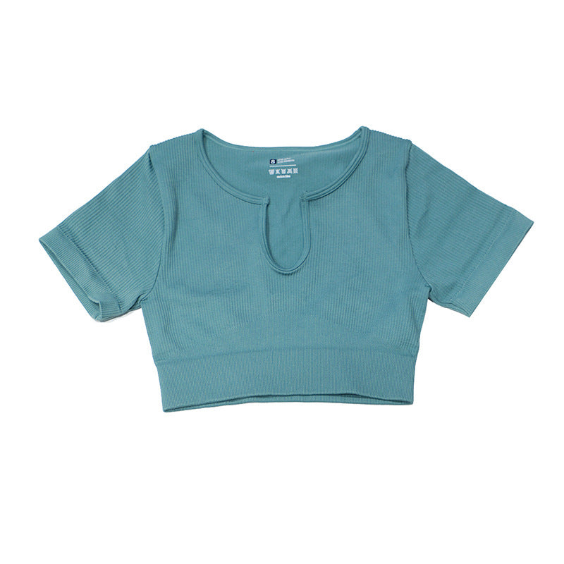 New Arrival Womens Yoga Wear Short Sleeve High Elastic Knit Seamless Gym Sports Fitness Top Custom U-shaped Breathable Sports Top