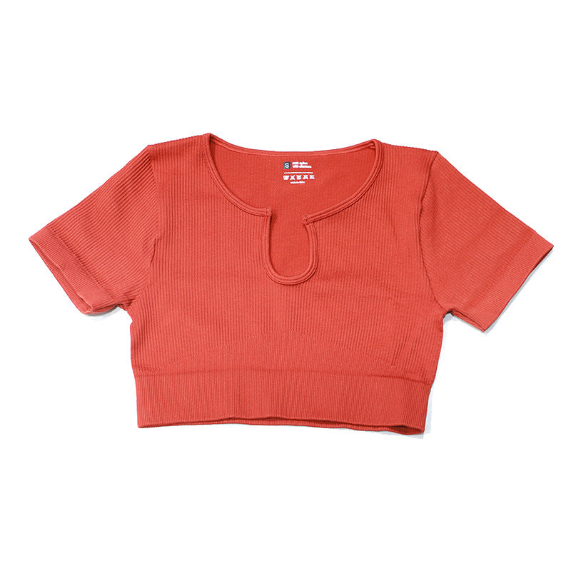 New Arrival Womens Yoga Wear Short Sleeve High Elastic Knit Seamless Gym Sports Fitness Top Custom U-shaped Breathable Sports Top