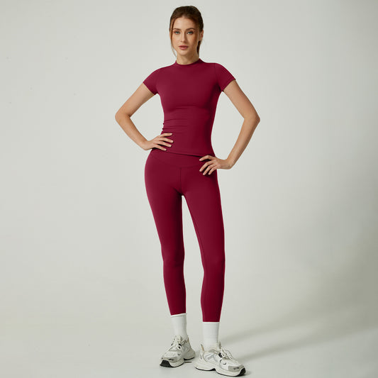 New Women Workout Suit Quick Drying Breathable Sports Short Sleeves High Waist Hip Lifting Yoga Pants Leggings Womens Gym Sets