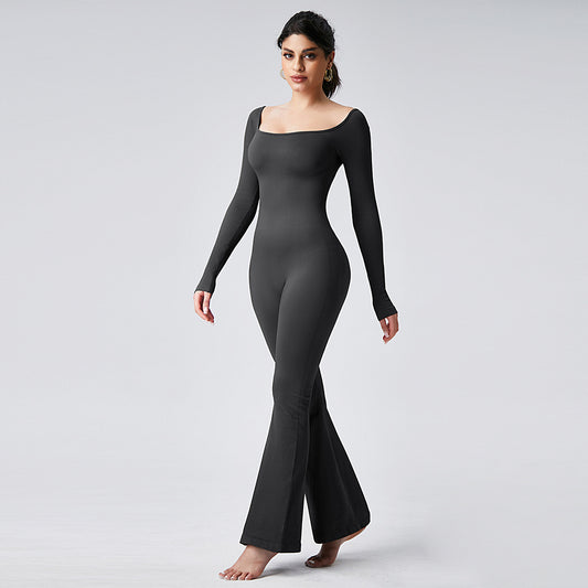 Custom Logo Woman One Piece Hip Lifting Body Shaping Gym Yoga Flare Bodysuits Long Sleeve Sportswear Workout Jumpsuit for Women