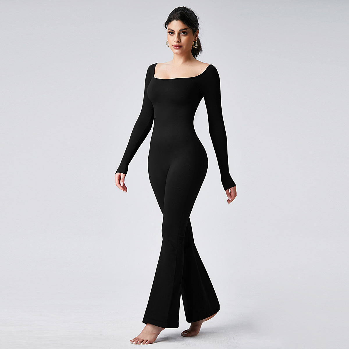 Custom Logo Woman One Piece Hip Lifting Body Shaping Gym Yoga Flare Bodysuits Long Sleeve Sportswear Workout Jumpsuit for Women