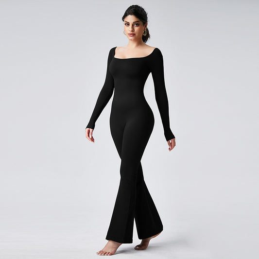 Custom Logo Woman One Piece Hip Lifting Body Shaping Gym Yoga Flare Bodysuits Long Sleeve Sportswear Workout Jumpsuit for Women