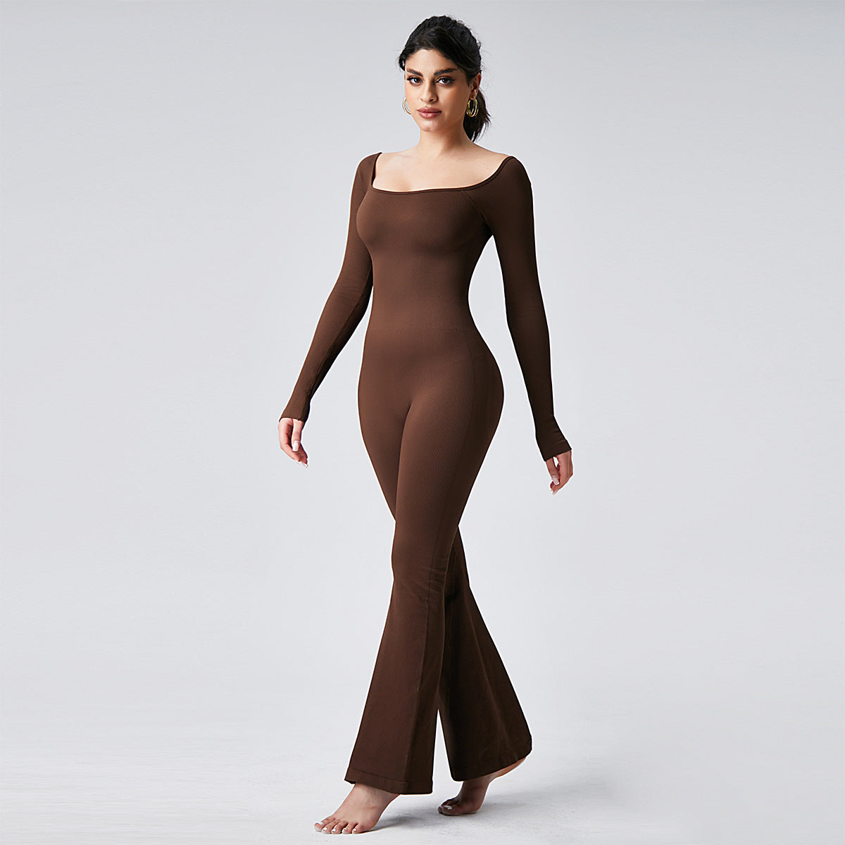 Custom Logo Woman One Piece Hip Lifting Body Shaping Gym Yoga Flare Bodysuits Long Sleeve Sportswear Workout Jumpsuit for Women