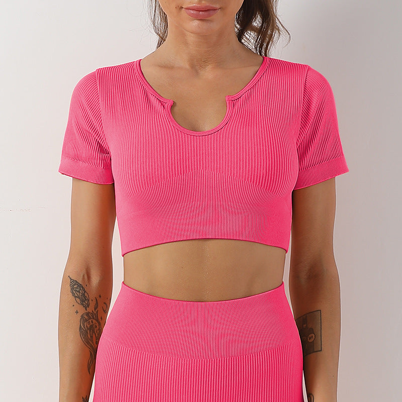 New Arrival Womens Yoga Wear Short Sleeve High Elastic Knit Seamless Gym Sports Fitness Top Custom U-shaped Breathable Sports Top